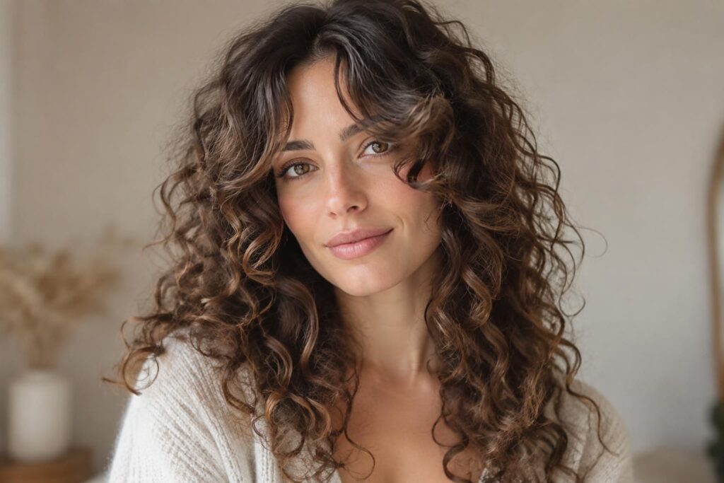 frange rideau longue et cheveux bouclés : découvrez à quels visages elle convient, comment l’adapter à vos boucles et la coiffer au quotidien.